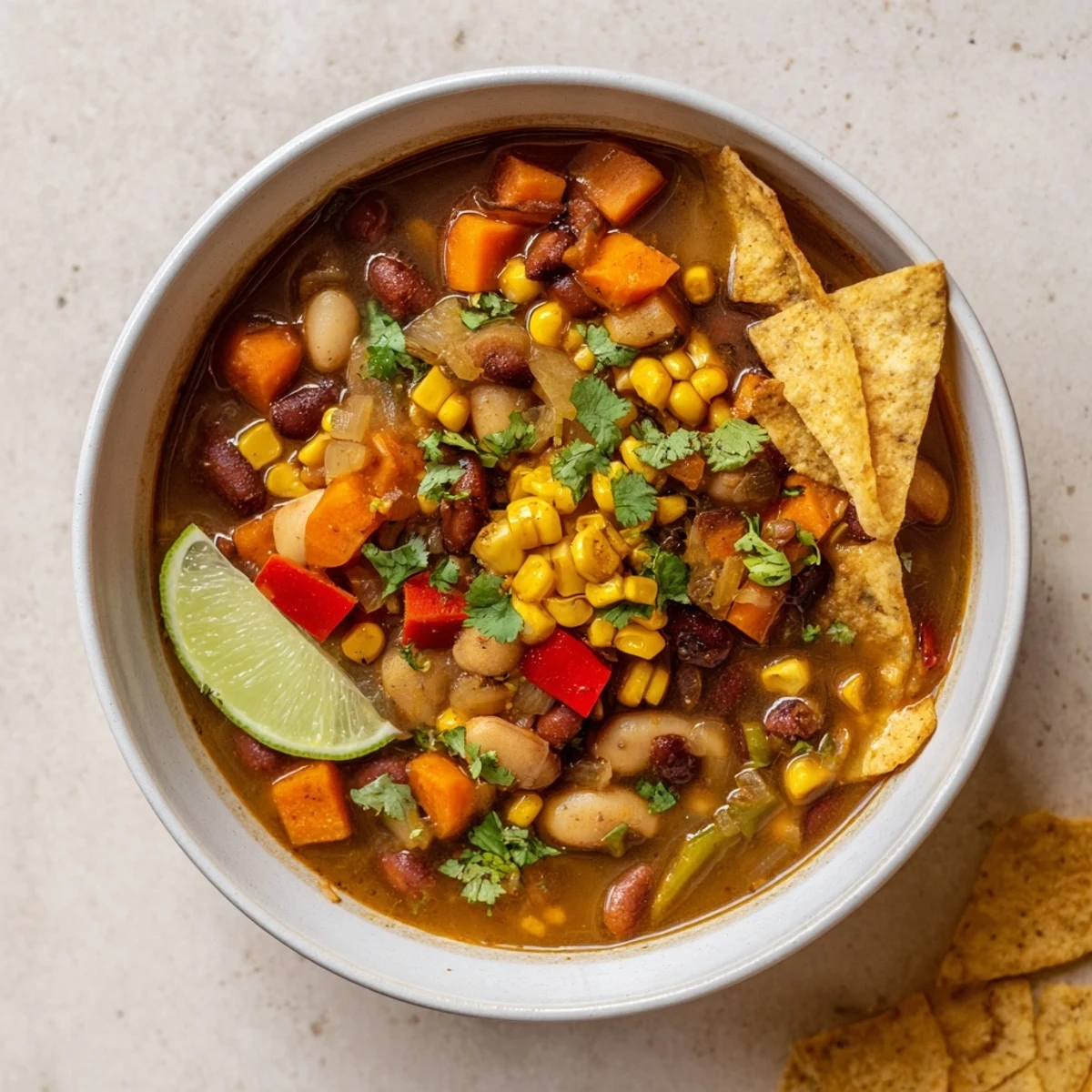 Creamy smoky pinto bean and roasted corn hearty soup topped with fresh cilantro