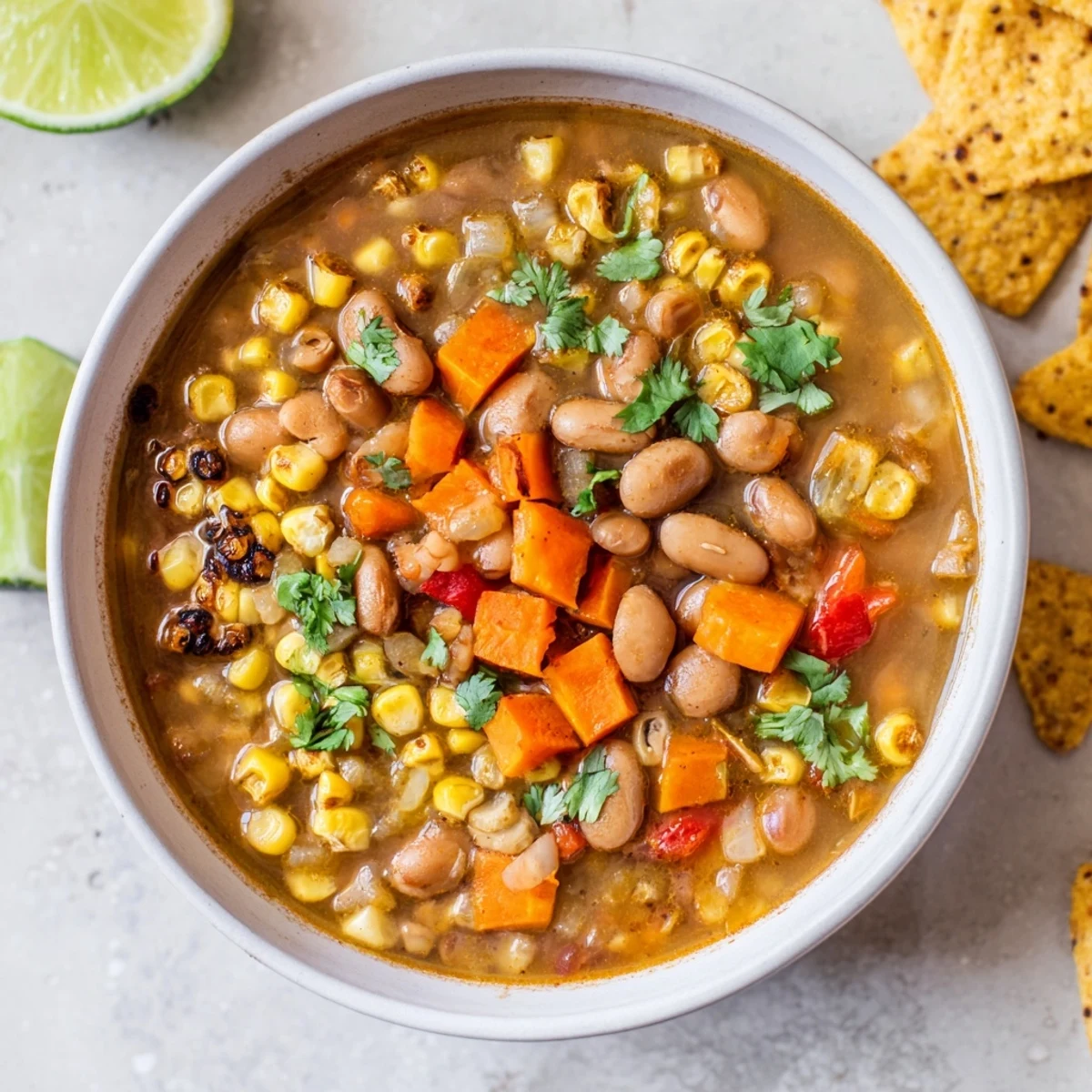 Thick smoky pinto bean and roasted corn hearty soup garnished with tortilla chips and lime