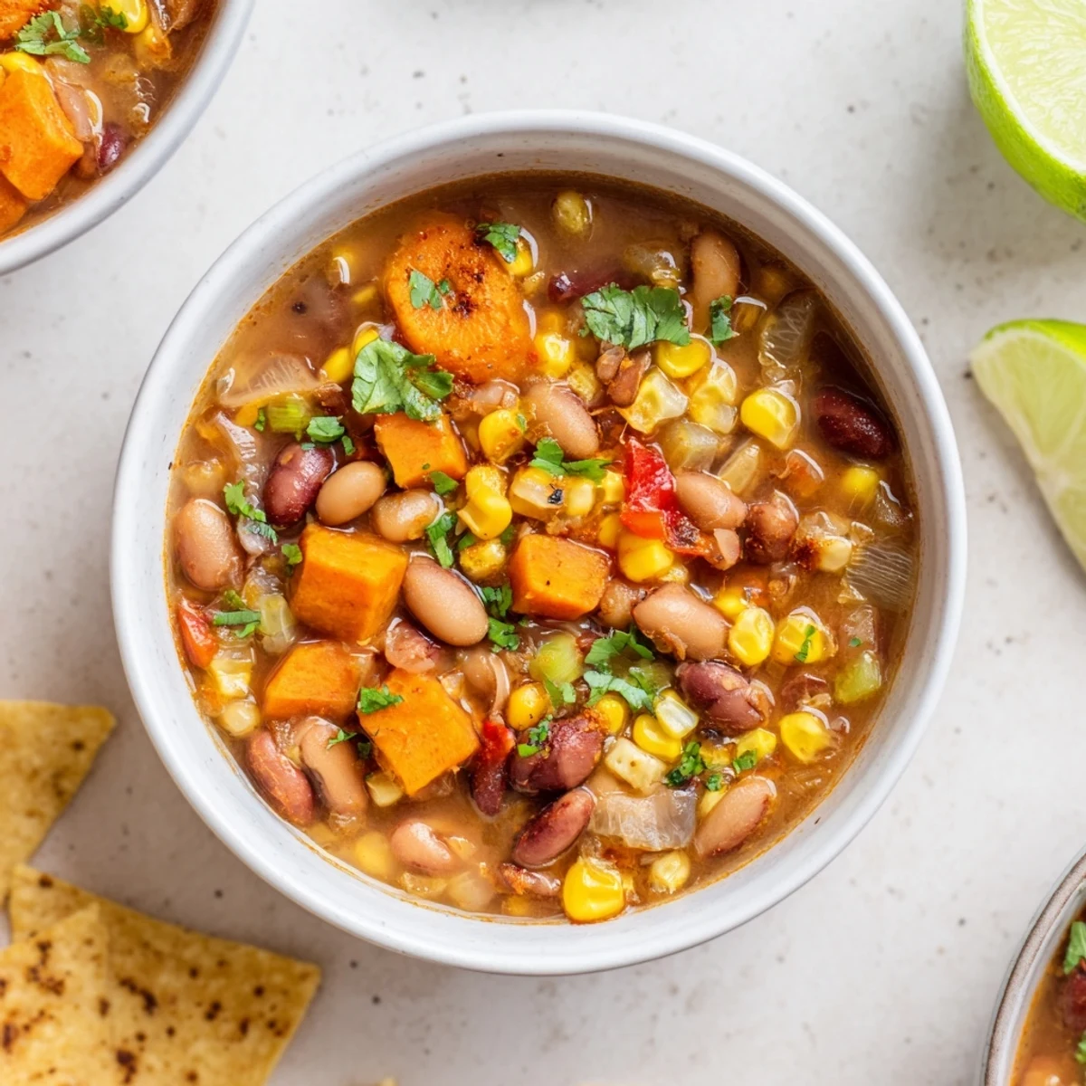 Smoky pinto bean and roasted corn hearty soup in a rustic bowl with avocado slices