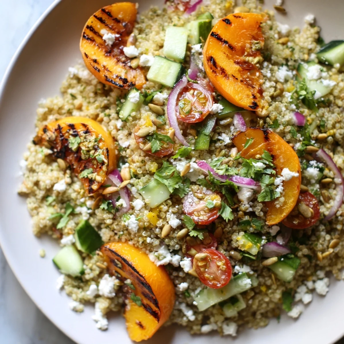 Colorful grilled apricot cilantro lime quinoa grain salad served in a rustic wooden bowl