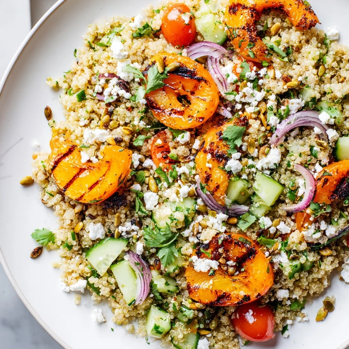 Grilled apricot cilantro lime quinoa grain salad topped with charred fruit and fresh herbs