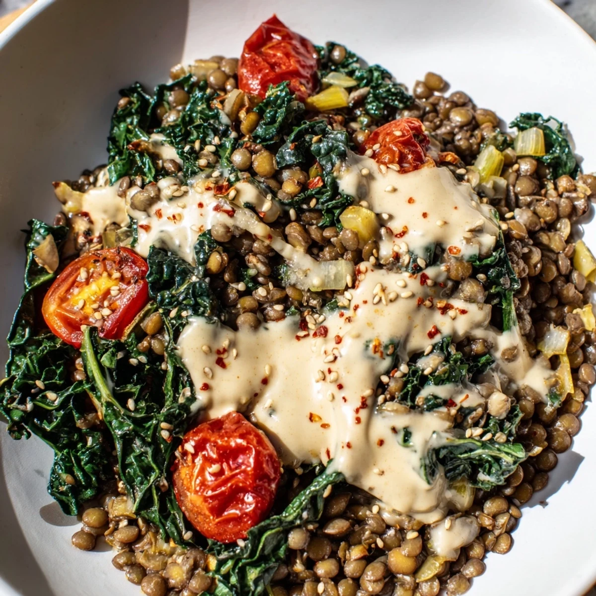Warm garlic tahini lentil and kale breakfast bowl drizzled with creamy sauce and scattered with sesame seeds