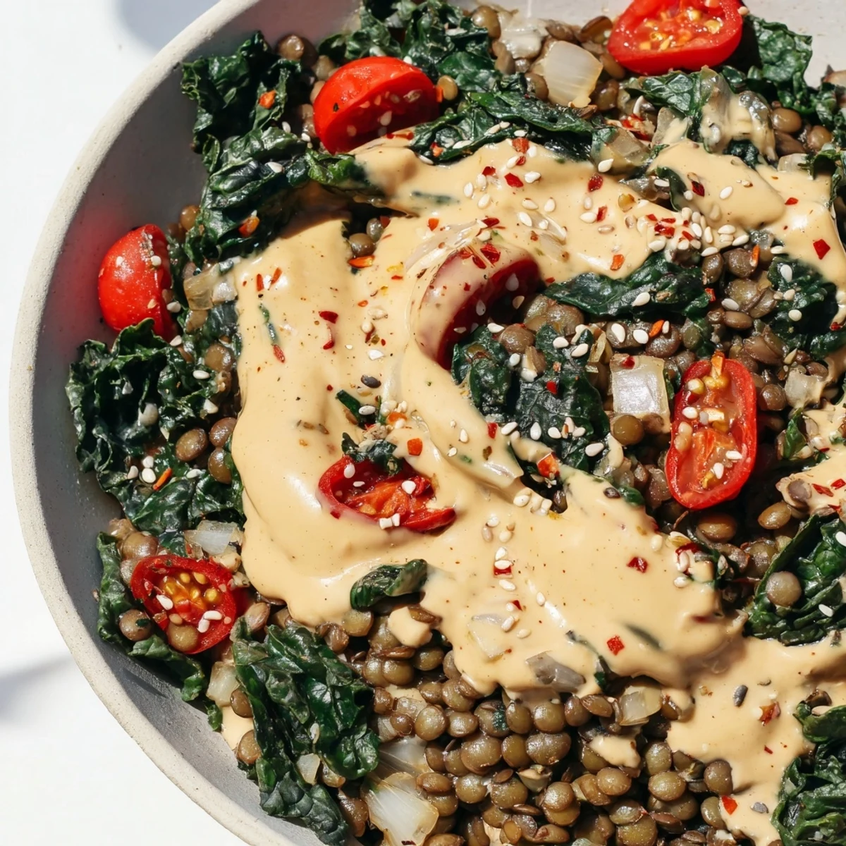 Hearty lentil and kale breakfast bowl topped with vibrant sautéed greens and a rich garlic tahini drizzle