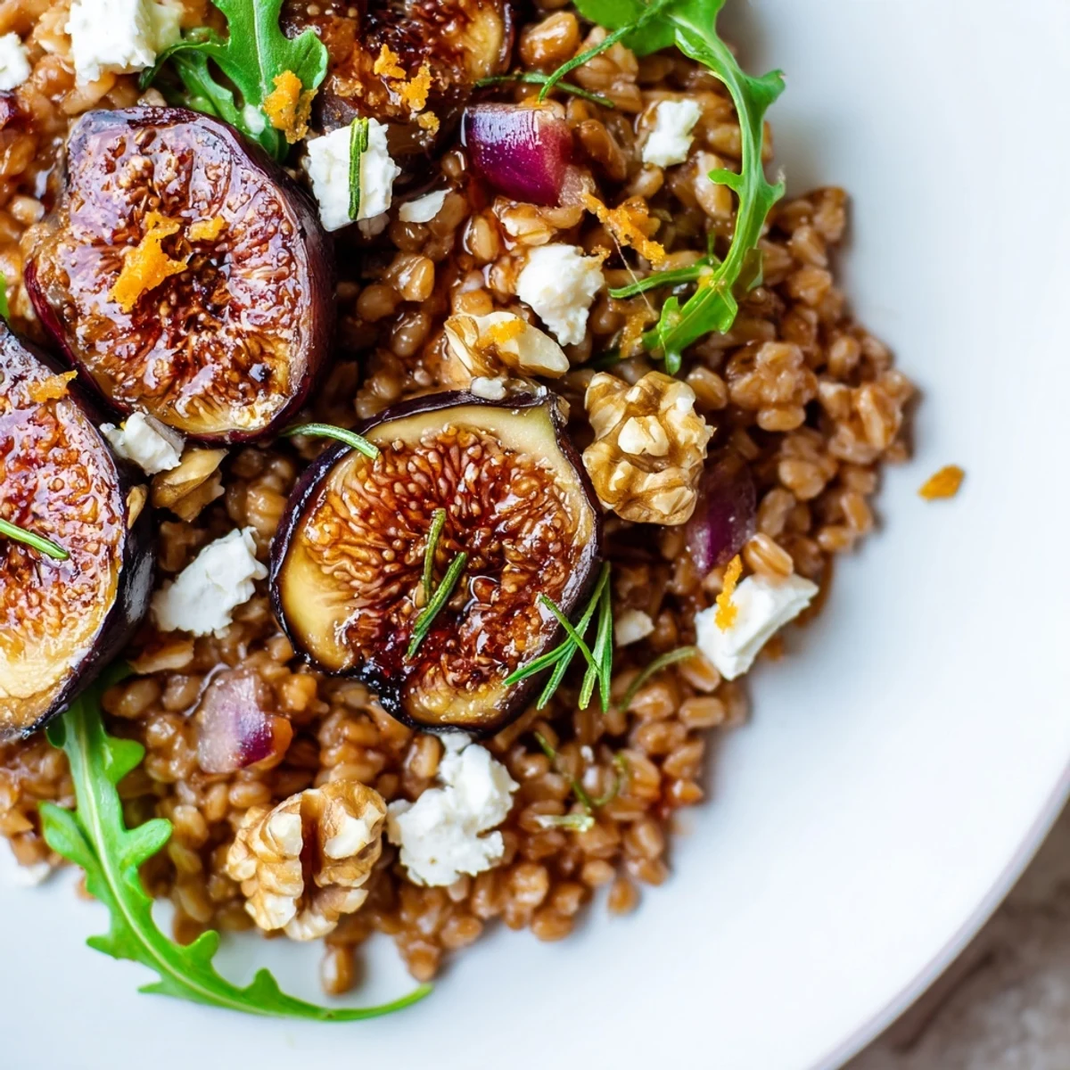 Golden caramelized roasted fig and rosemary orange farro grain salad on a rustic wooden board