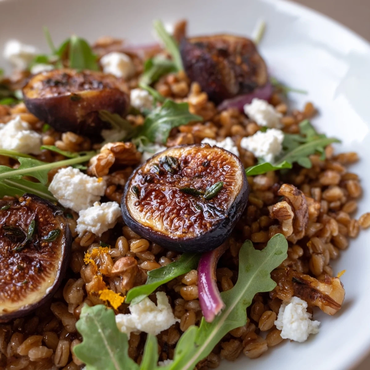 Vibrant farro grain salad topped with sweet roasted figs, toasted walnuts, and crumbled feta