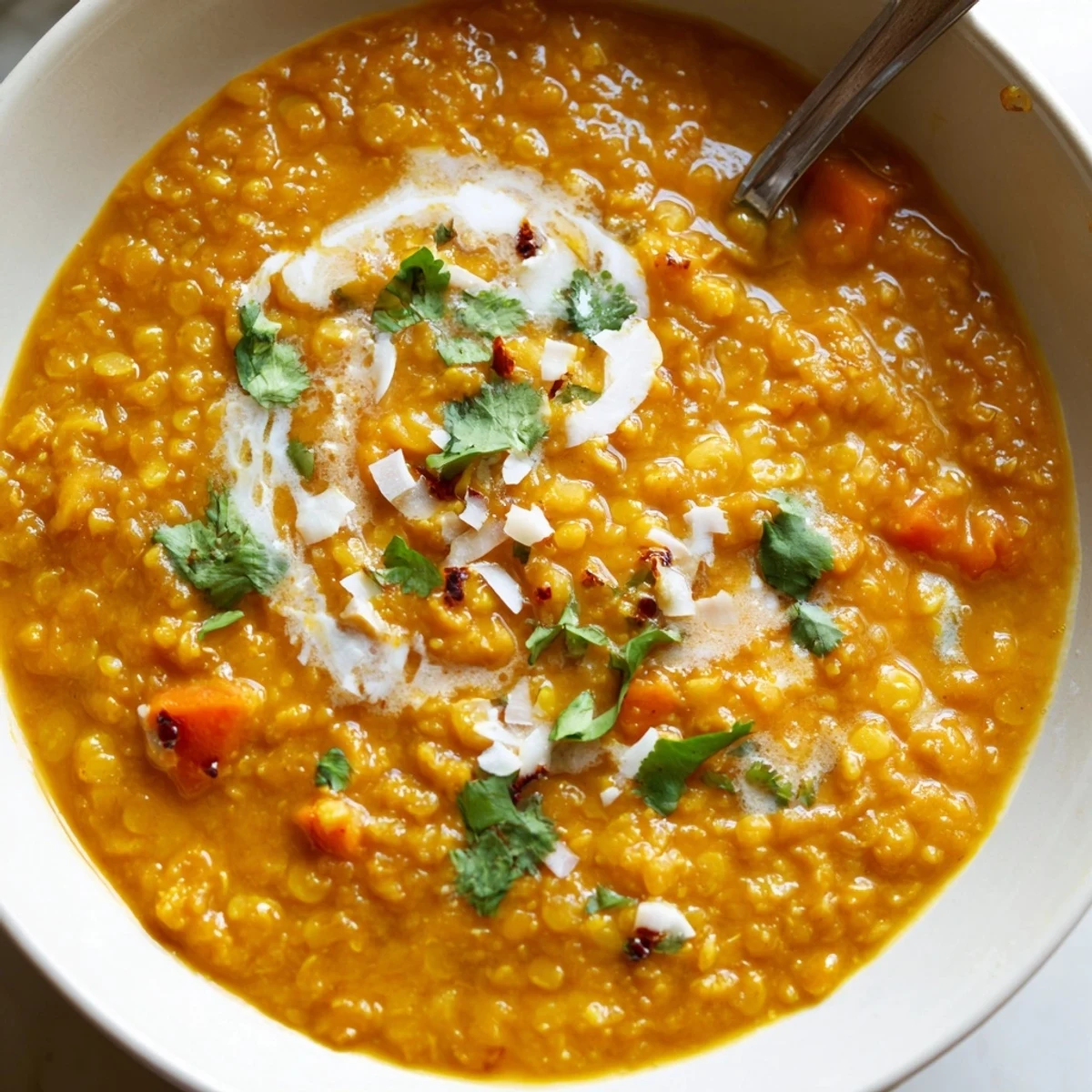 Creamy spiced coconut tomato red lentil soup topped with fresh cilantro in a rustic bowl