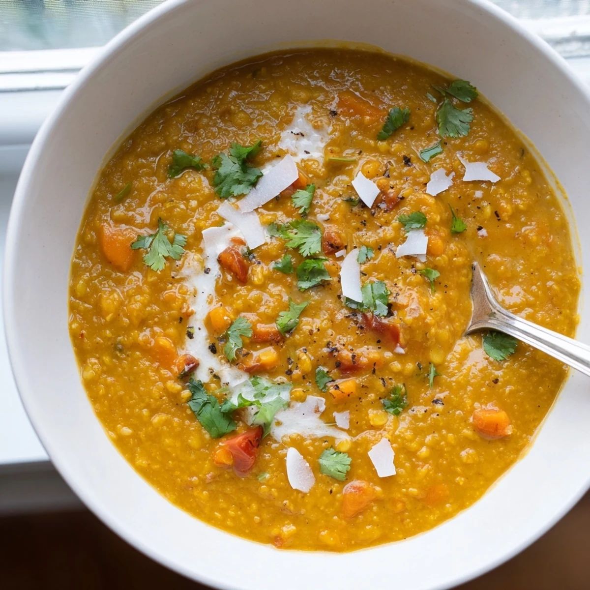 Golden spiced coconut tomato red lentil soup steaming in a ceramic mug with lime wedges