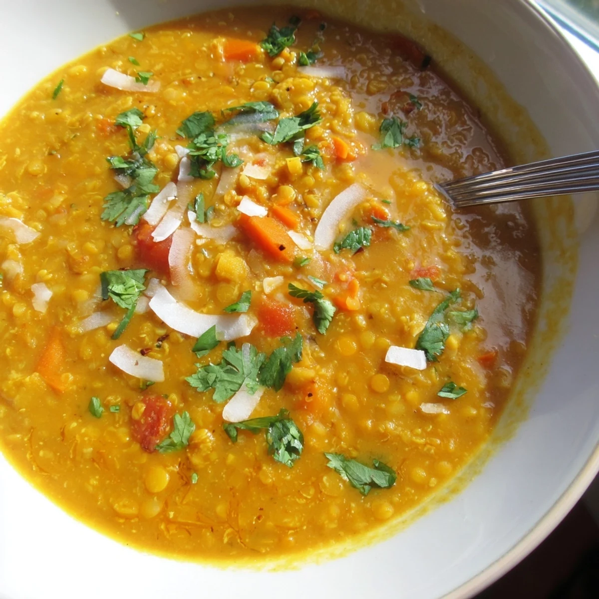Thick spiced coconut tomato red lentil soup garnished with toasted coconut flakes beside crusty bread