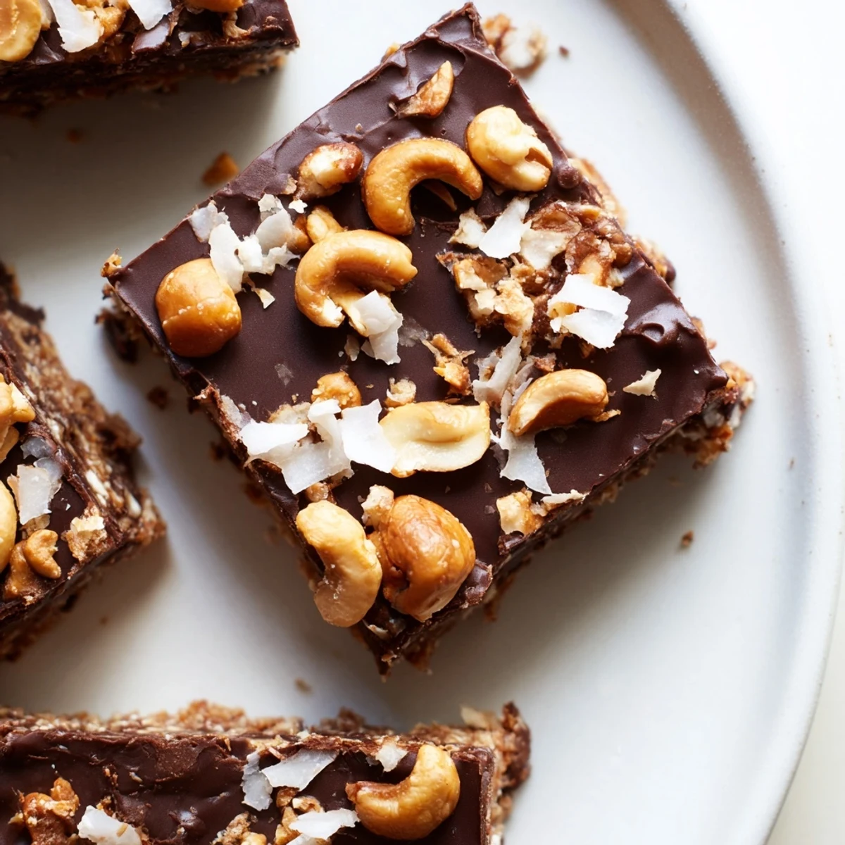 Dark Chocolate Cashew Coconut Crunch Bars sliced and topped with toasted cashew pieces
