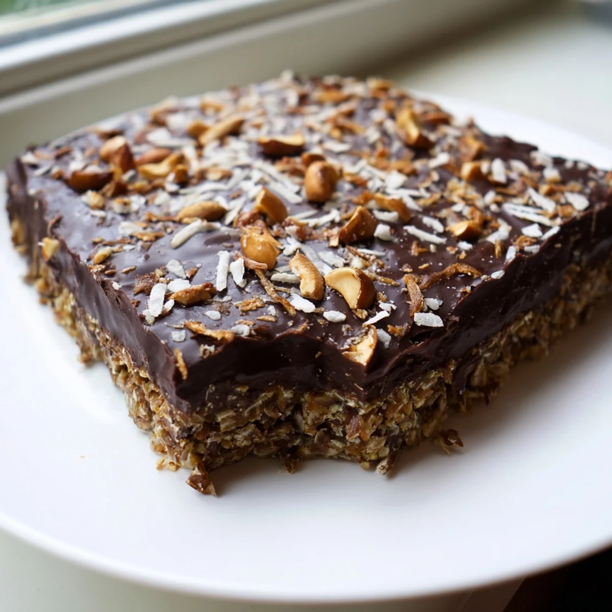 Glossy chocolate-covered Dark Chocolate Cashew Coconut Crunch Bars sprinkled with shredded coconut
