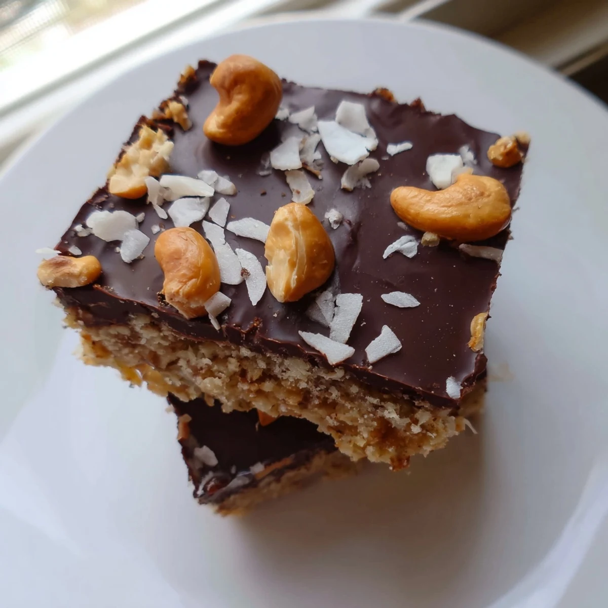 Chewy coconut and crunchy cashew layers in Dark Chocolate Cashew Coconut Crunch Bars