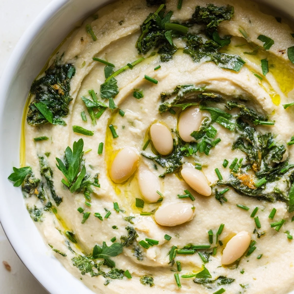 Velvety white bean and parsnip greens soup topped with fresh parsley garnish