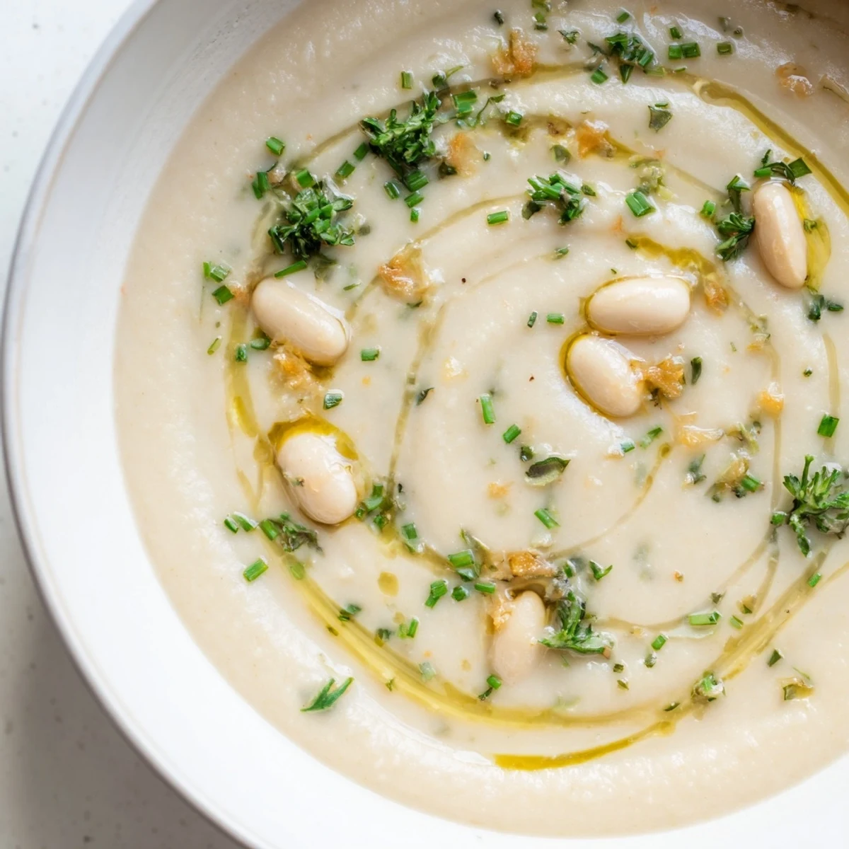 Golden roasted parsnip chunks floating in a thick, creamy white bean soup