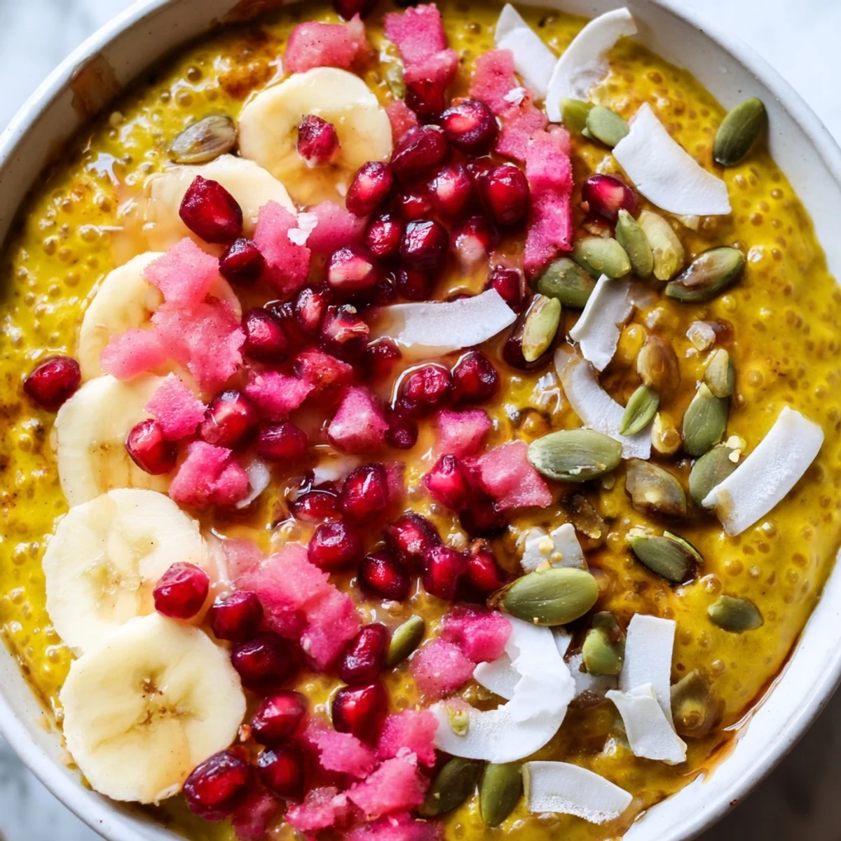 Golden turmeric chia pudding topped with fresh guava and toasted coconut flakes