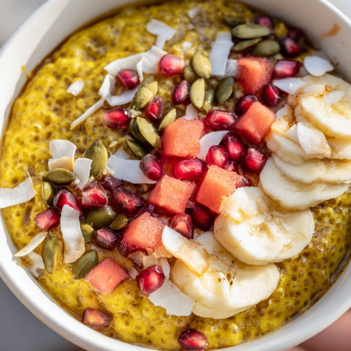 Vibrant guava coconut turmeric chia breakfast bowl garnished with pomegranate seeds and banana