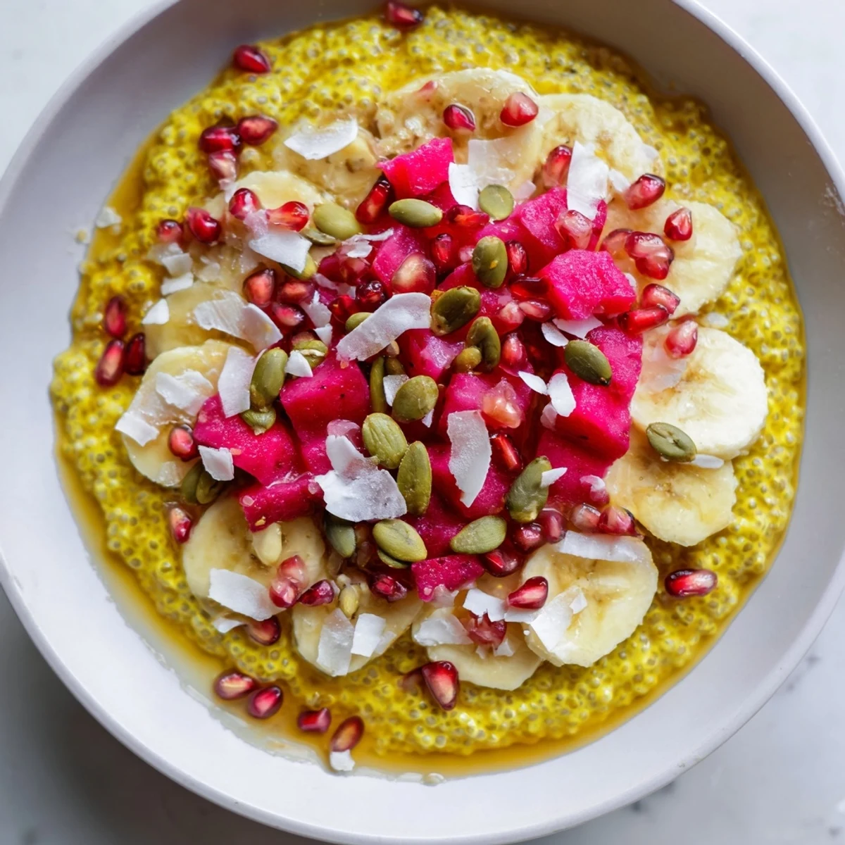 Creamy coconut milk chia pudding layered with ripe guava and crunchy pumpkin seeds