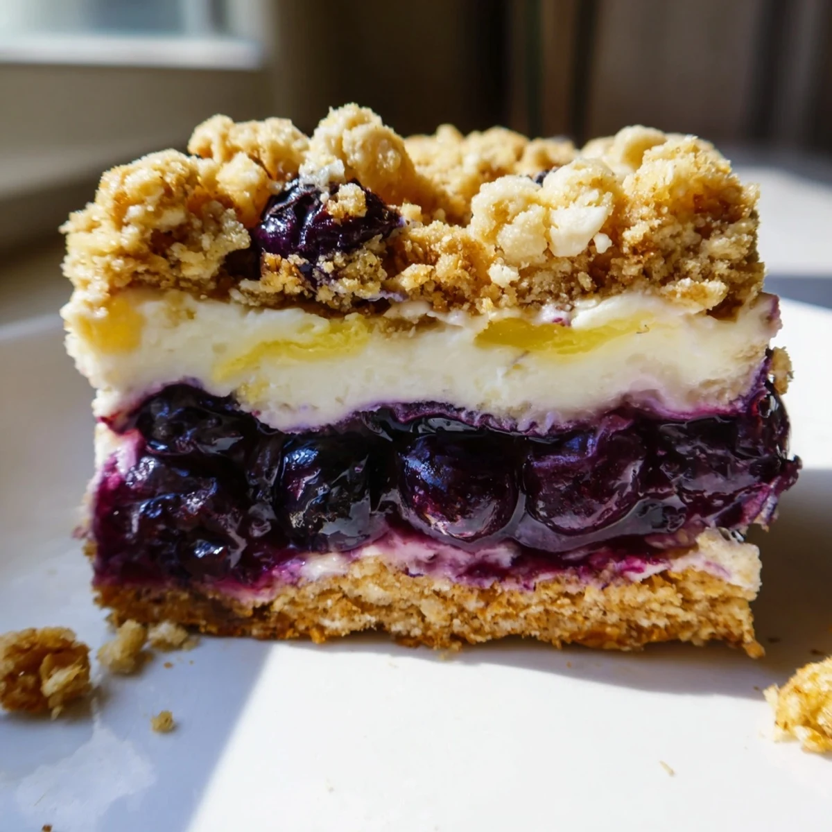 Golden oat crumble tops these blueberry lemon cashew cream crumble squares with bubbling berries