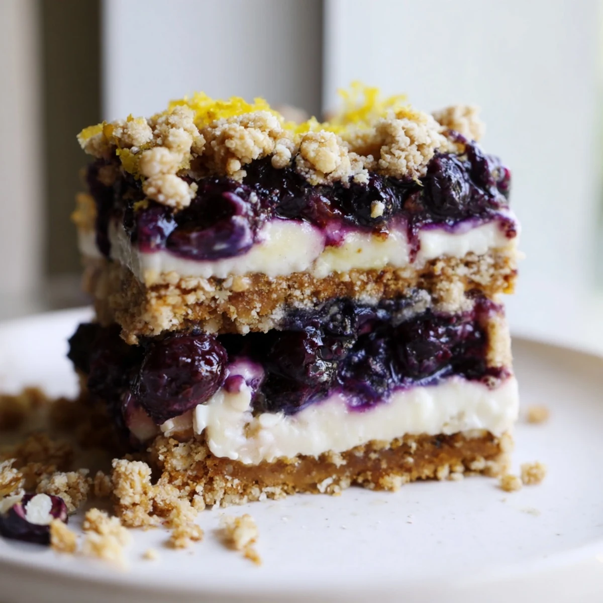 Creamy cashew layer shines through these blueberry lemon cashew cream crumble squares sliced fresh