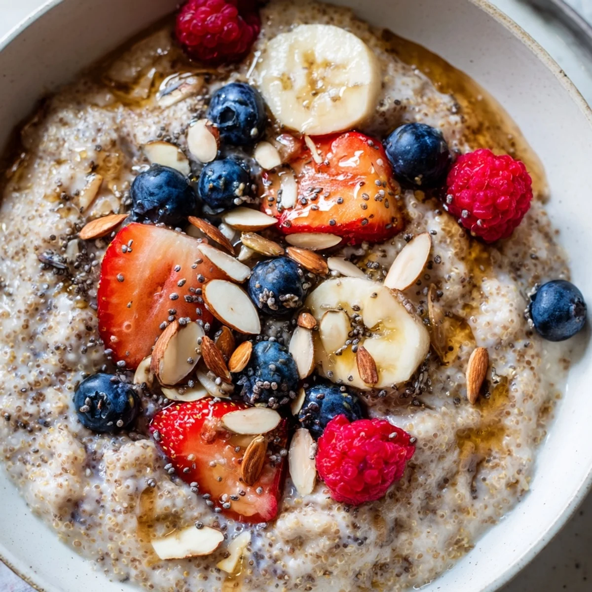 Creamy vanilla maple quinoa porridge bowl drizzled with syrup and colorful fruit