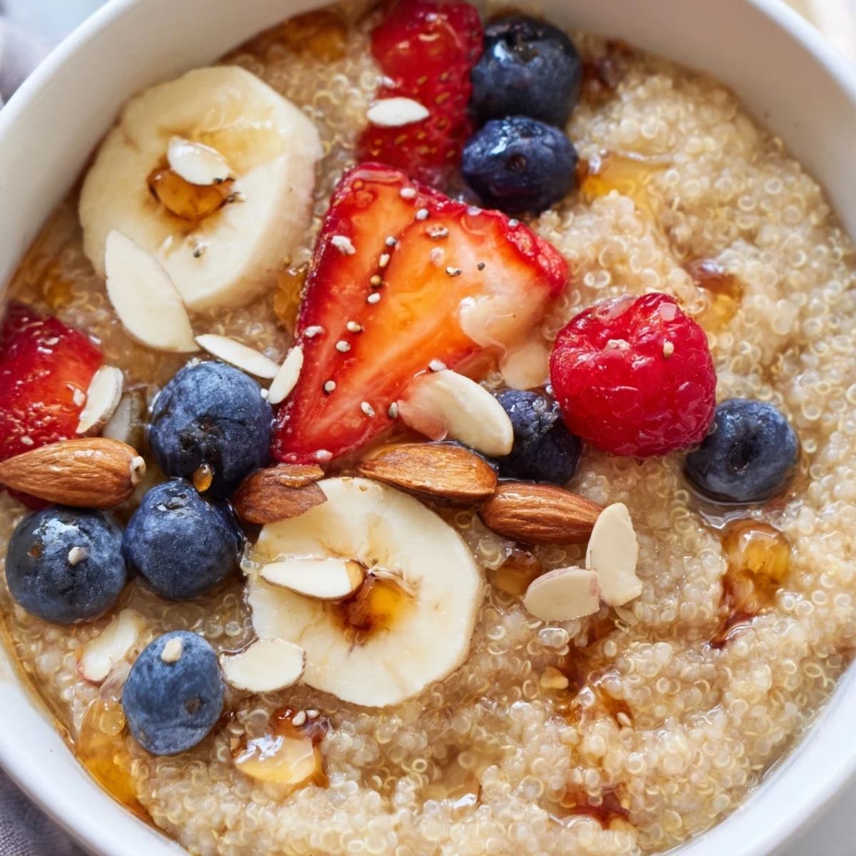Warm vanilla maple quinoa porridge topped with fresh berries and toasted almonds