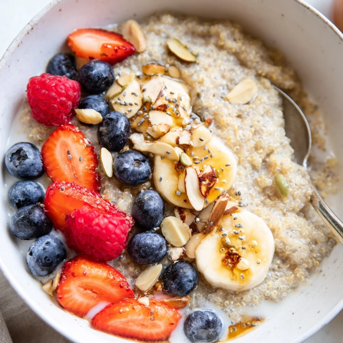 Fluffy vanilla maple quinoa porridge garnished with banana slices, chia seeds, and pumpkin seeds