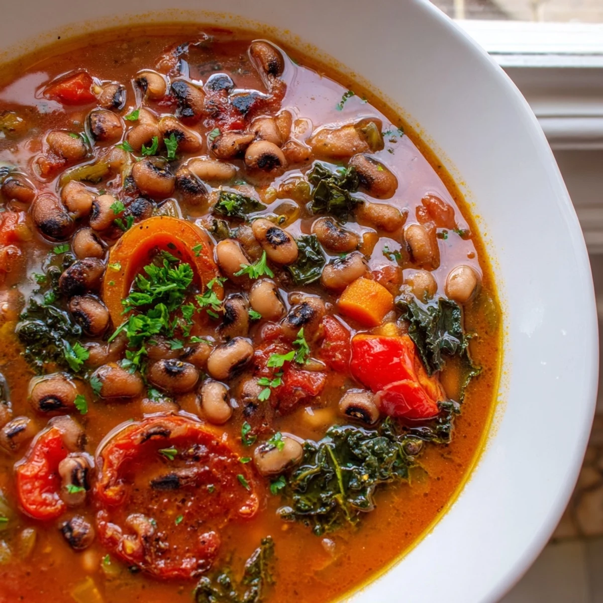 Smoky black eyed pea and roasted tomato hearty soup served alongside crispy crusty bread