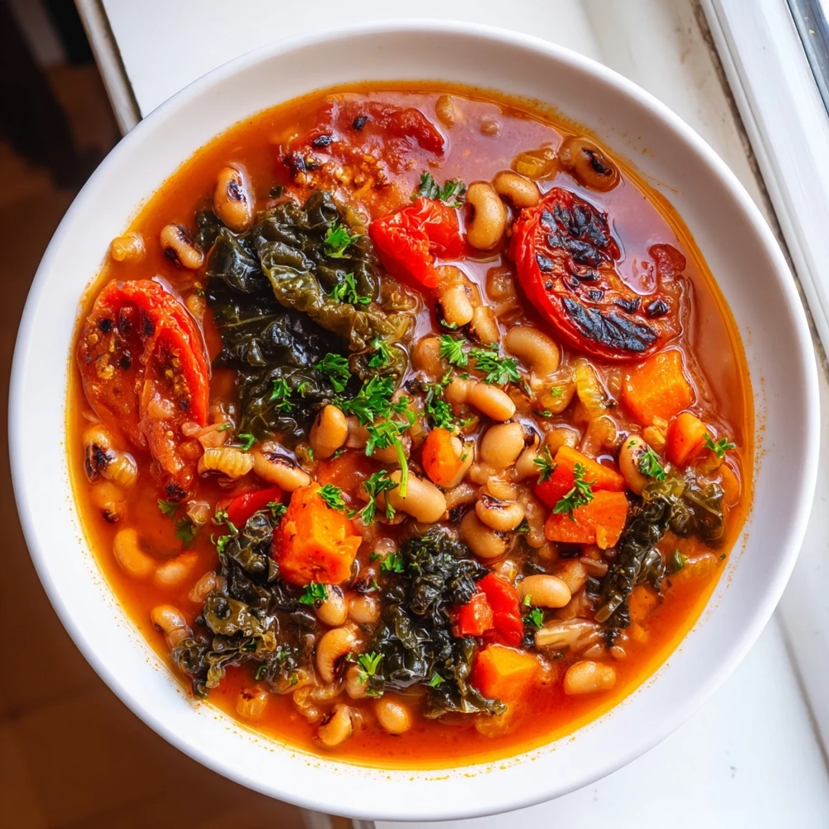 Steaming bowl of smoky black eyed pea and roasted tomato hearty soup topped with fresh parsley