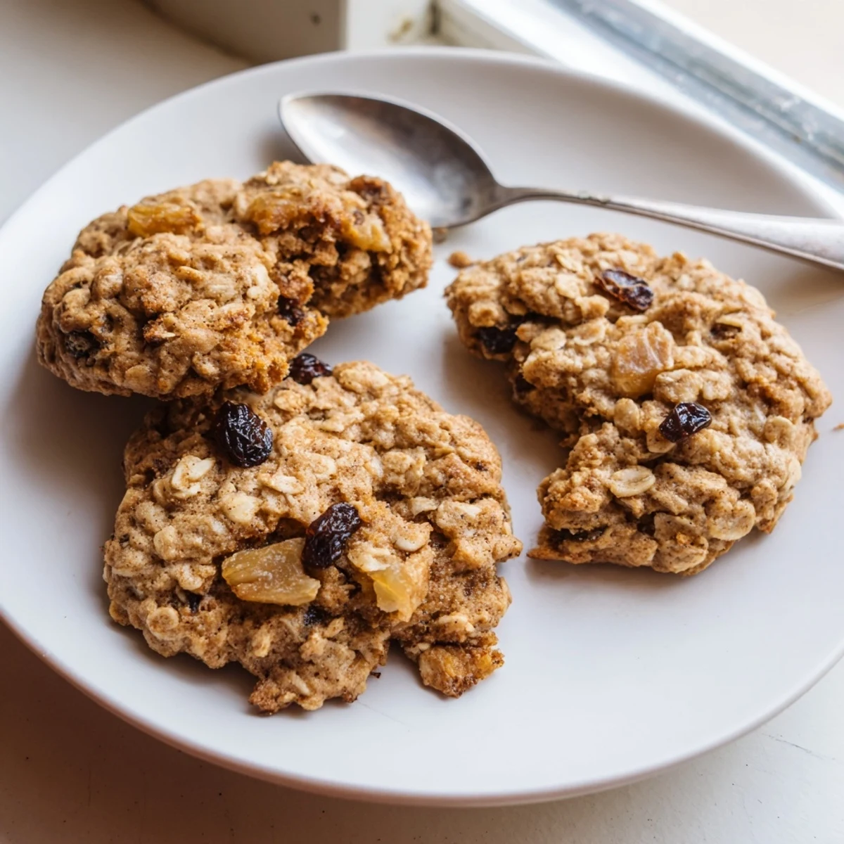 Soft apple cinnamon honey vanilla oatmeal raisin cookies with golden edges on a rustic baking sheet