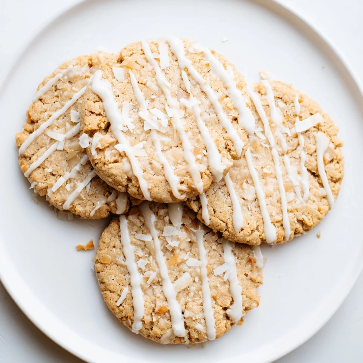 Golden keto vanilla coconut butter drizzle cookies with a glistening white coconut finish on rustic parchment