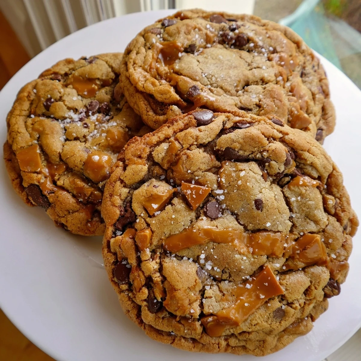 Gooey brown butter salted honey caramel toffee chocolate chip cookies with melted chocolate pools on parchment paper