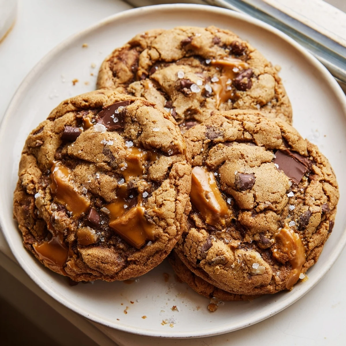 Golden brown butter salted honey caramel toffee chocolate chip cookies topped with flaky sea salt close-up