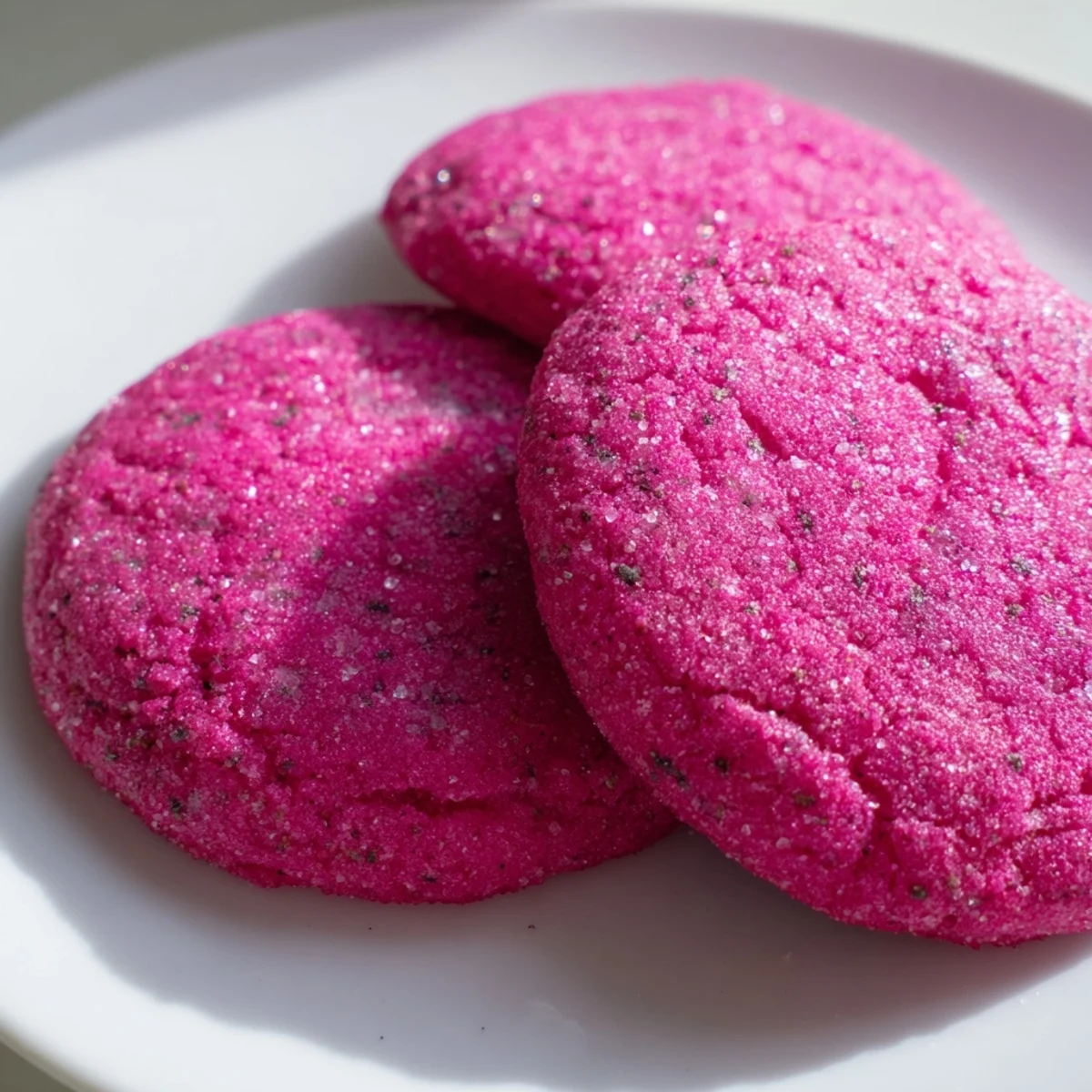 Soft vegan vanilla dragonfruit sugar cookies with sparkling sugar-coated edges on parchment paper