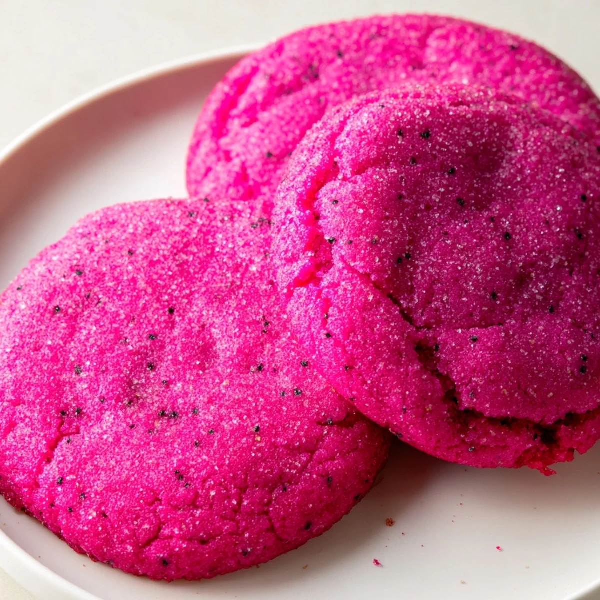 Bright pink vegan vanilla dragonfruit sugar cookies stacked on a rustic white plate