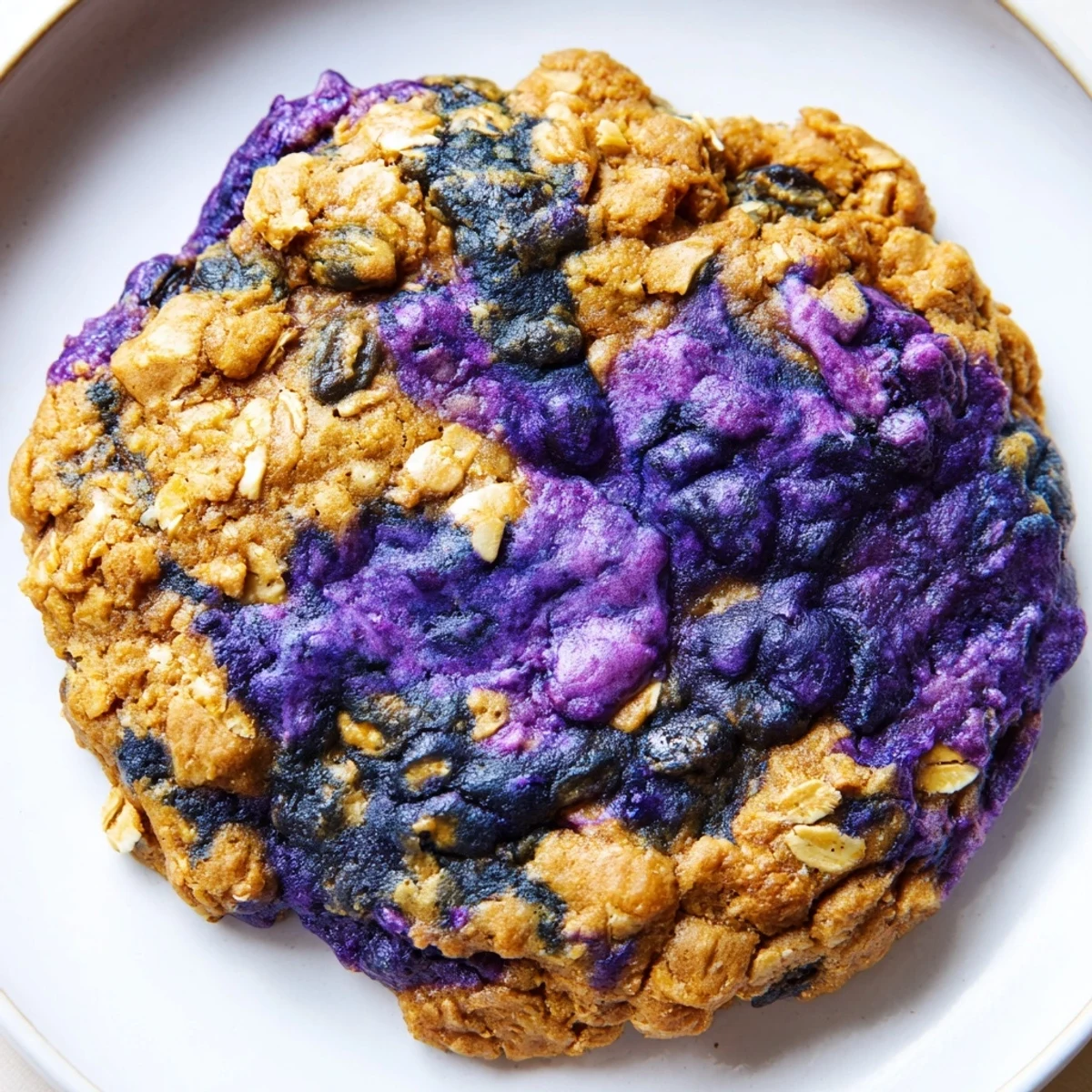 Soft vegan blueberry vanilla swirl oatmeal raisin cookies with golden edges on a cooling rack