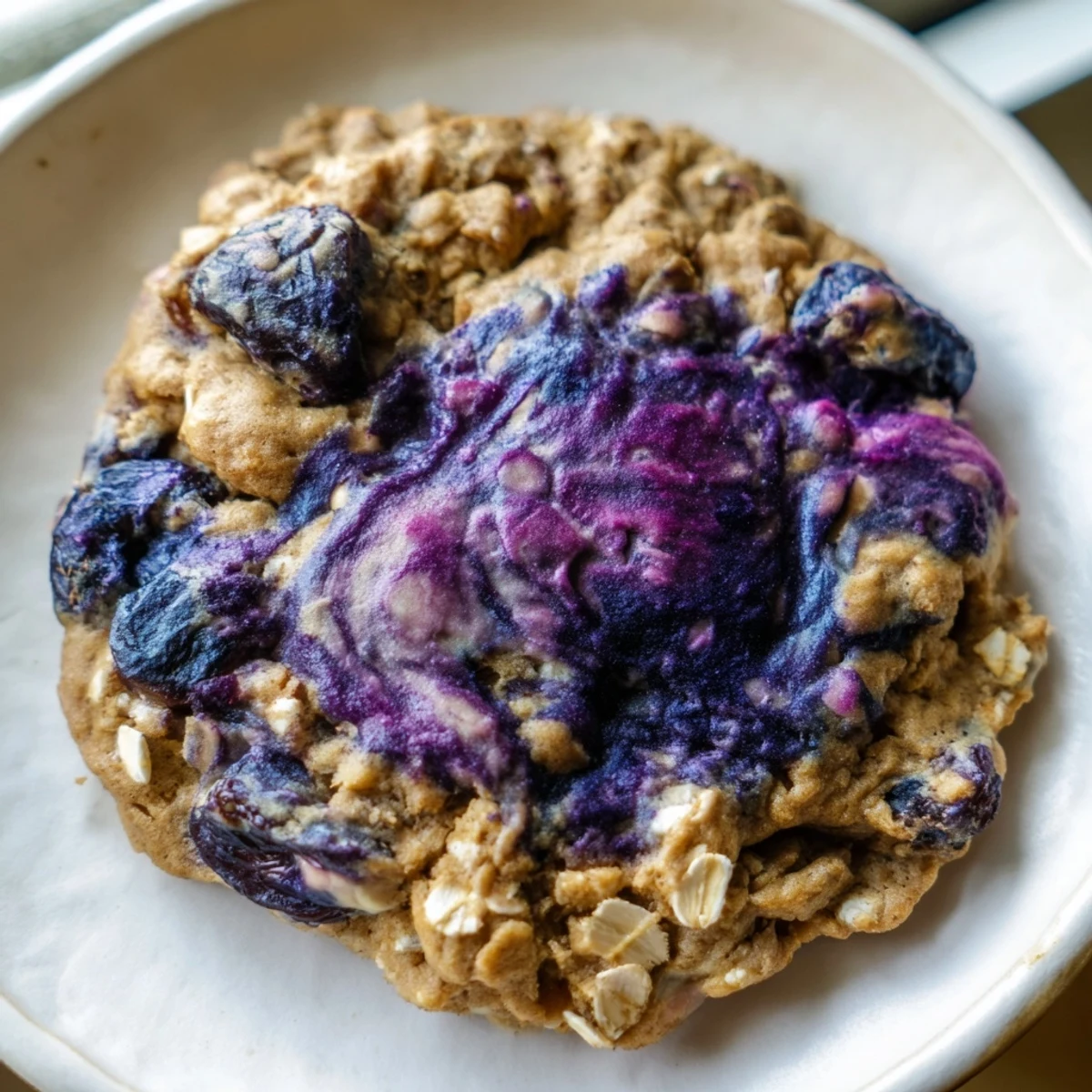 Close-up of chewy oatmeal raisin cookies marbled with a vibrant purple blueberry vanilla swirl