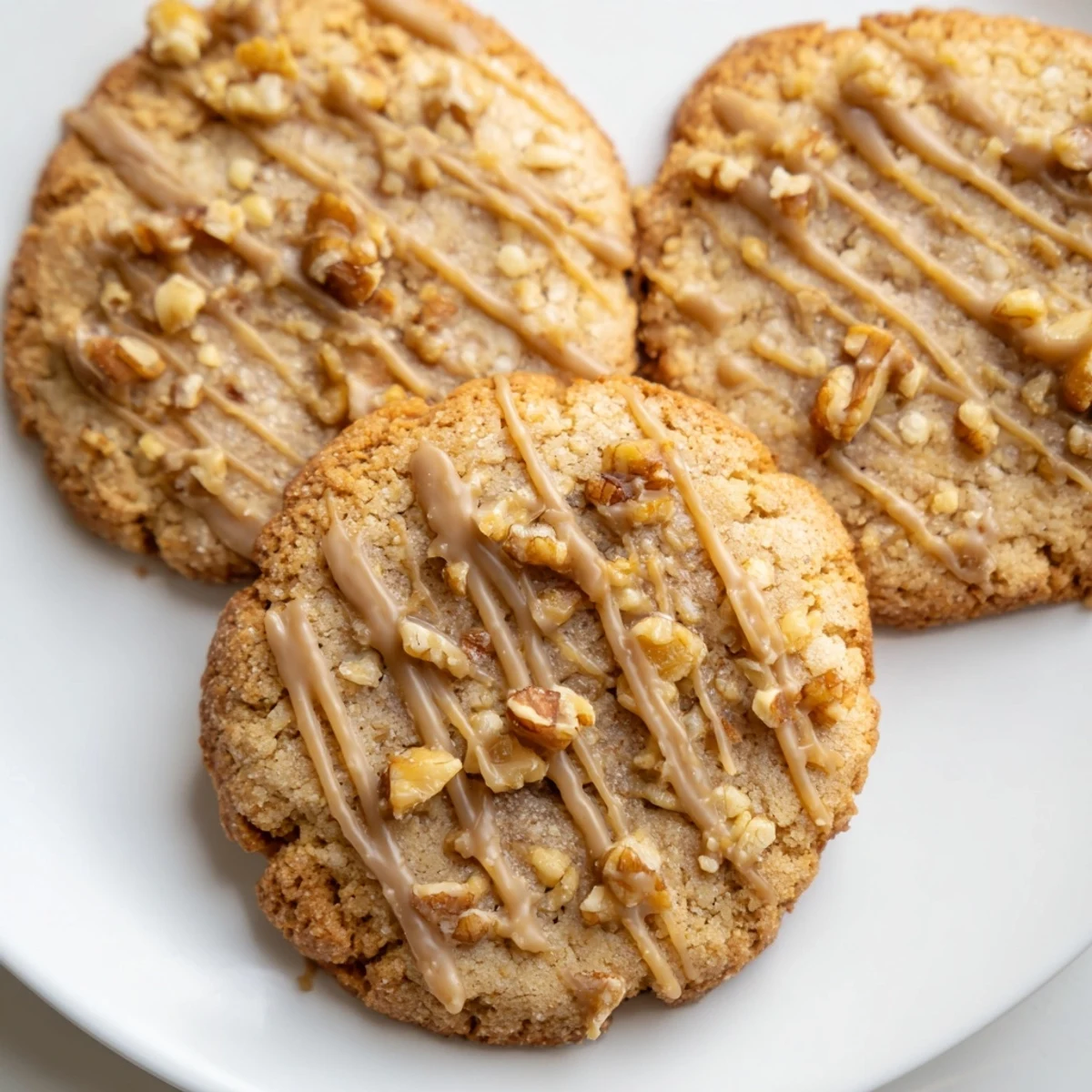 Golden keto maple walnut butter drizzle cookies topped with a creamy nut glaze on parchment