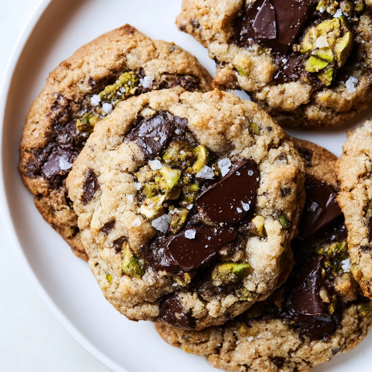 Golden gluten-free dark chocolate pistachio butter crunch cookies stacked on a rustic cooling rack