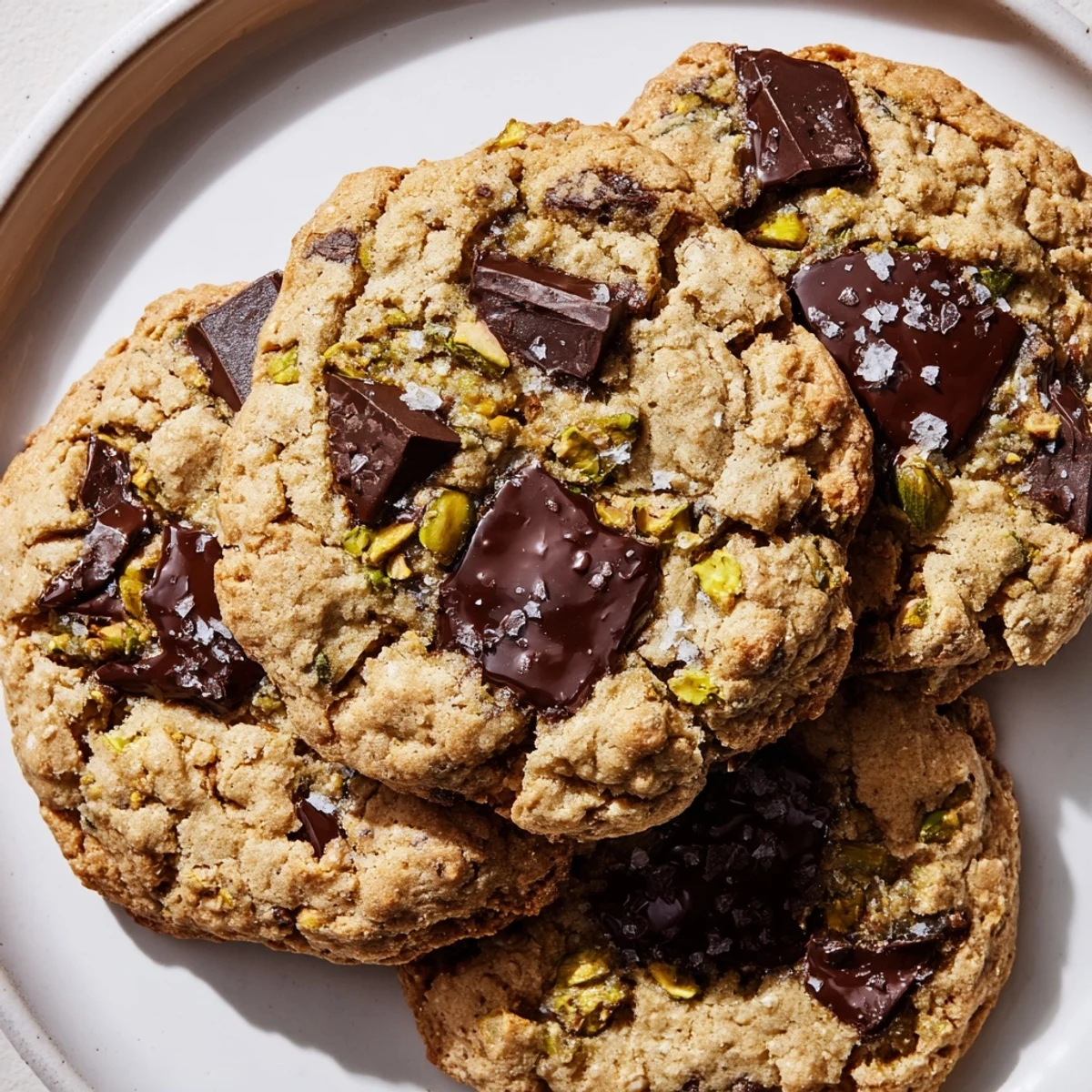 Gluten-free dark chocolate pistachio butter crunch cookies with rich melty chips and green nut bits