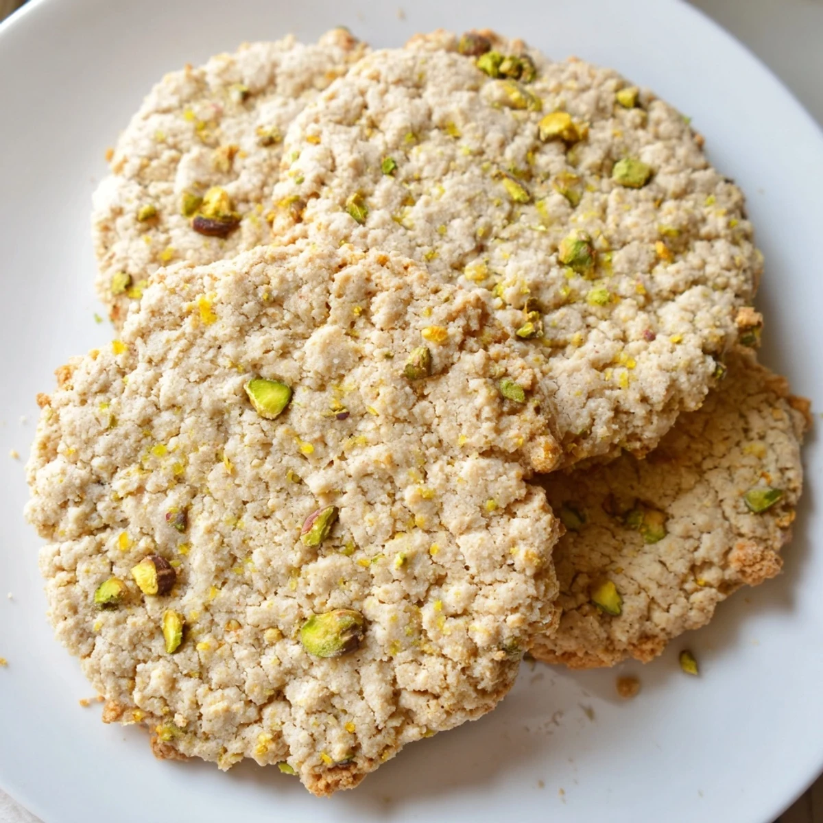 Golden gluten-free lemon pistachio butter crisp cookies arranged on a rustic parchment-lined baking sheet