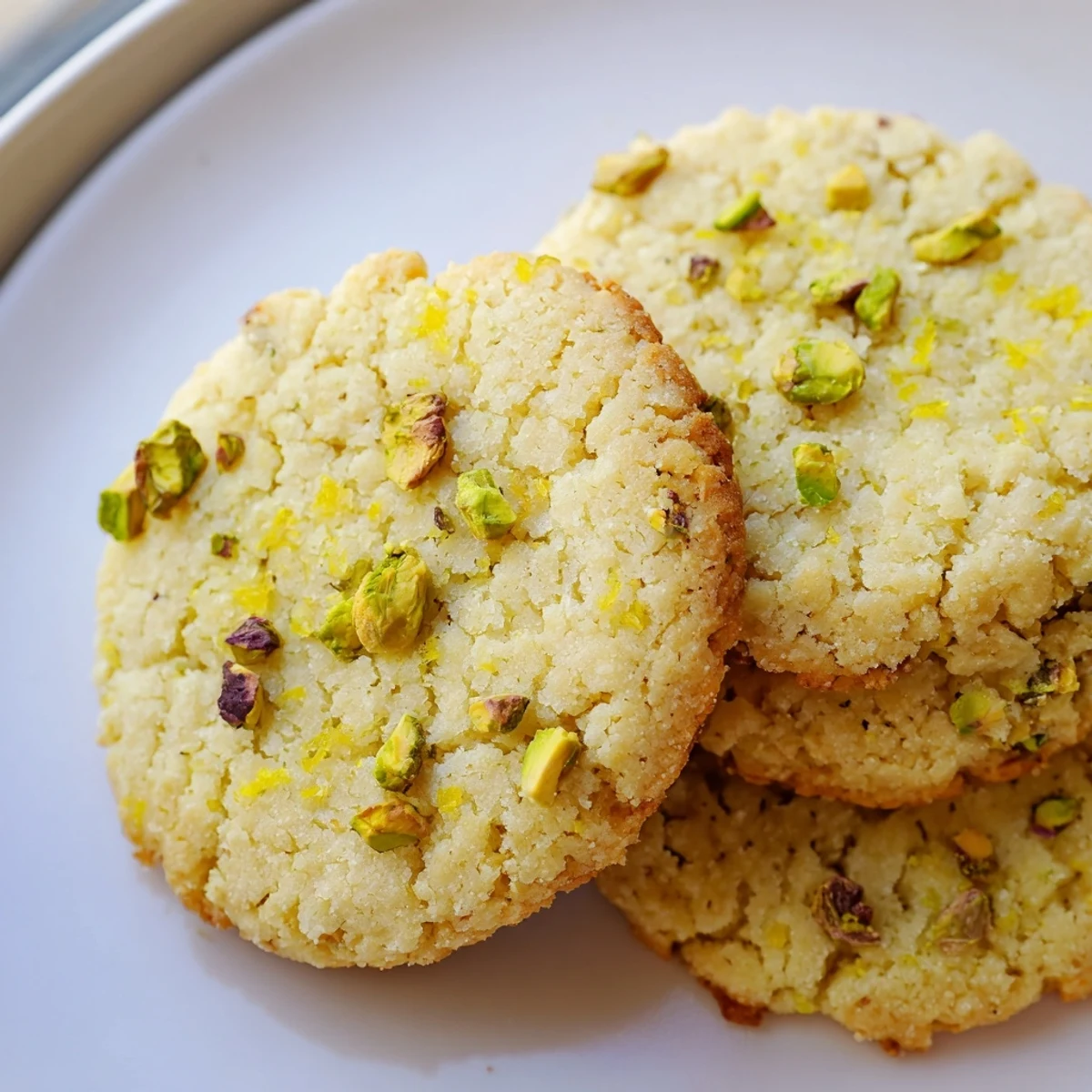 Close-up of gluten-free lemon pistachio butter crisp cookies studded with vibrant green pistachio chunks