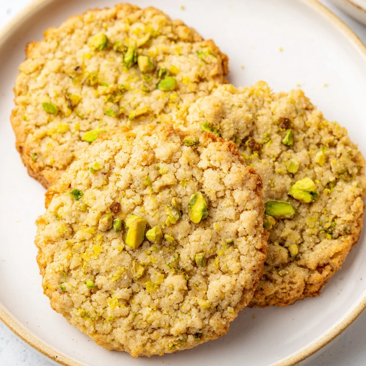 Buttery gluten-free lemon pistachio butter crisp cookies dusted with powdered sugar beside a steaming teacup