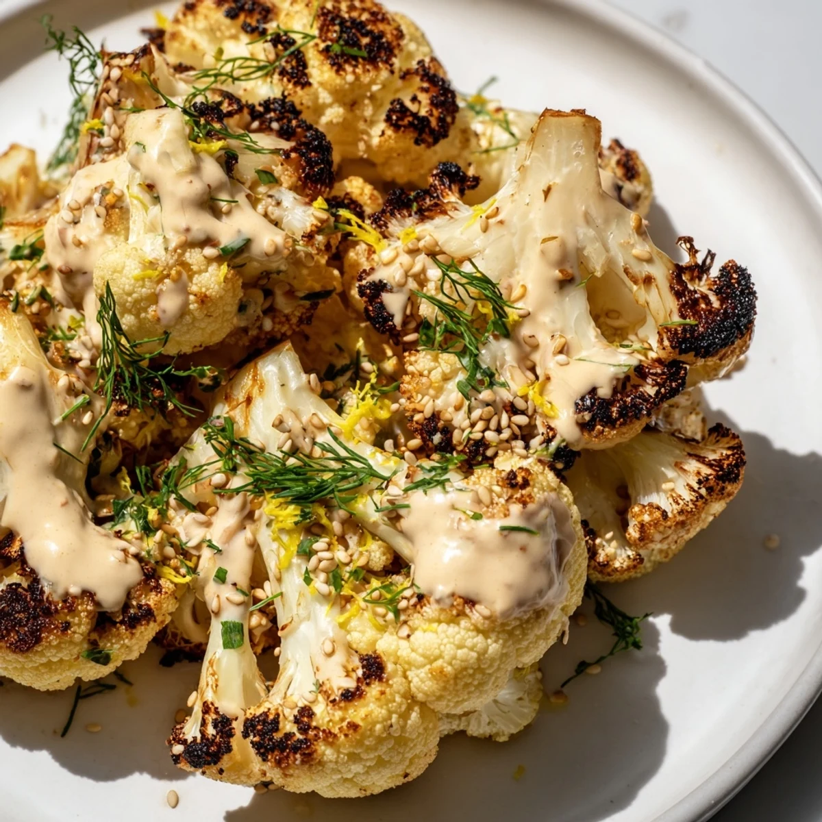 Golden roasted cauliflower with lemon herb tahini drizzle on a rustic white platter