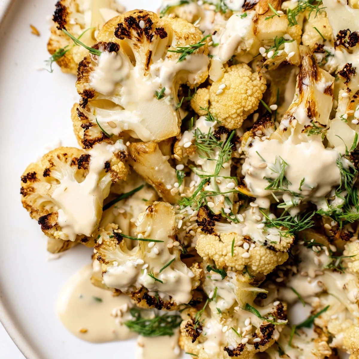 Caramelized roasted cauliflower florets generously coated in creamy lemon herb tahini drizzle