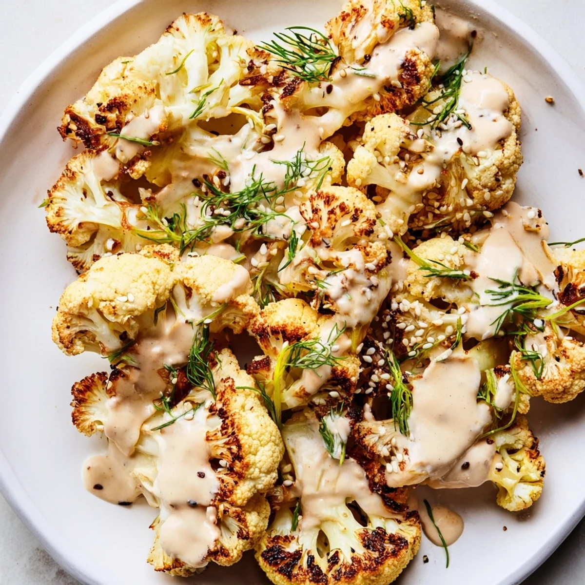 Crispy roasted cauliflower with lemon herb tahini drizzle garnished with fresh herbs and sesame
