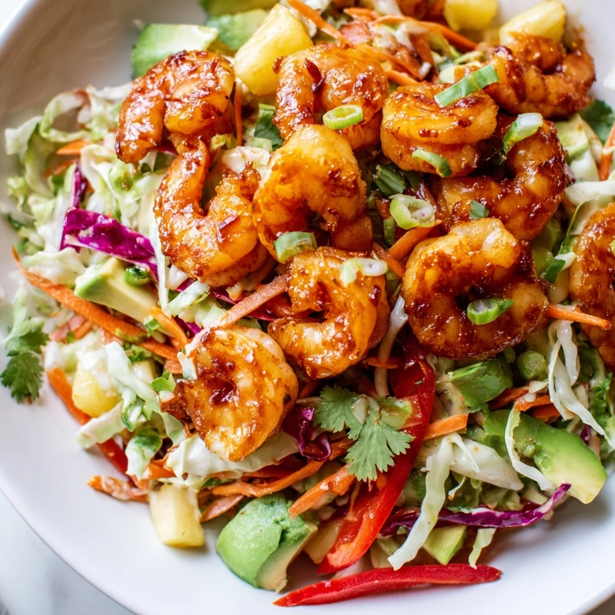 Sizzling shrimp with caramelized pineapple chunks atop a cool creamy avocado slaw
