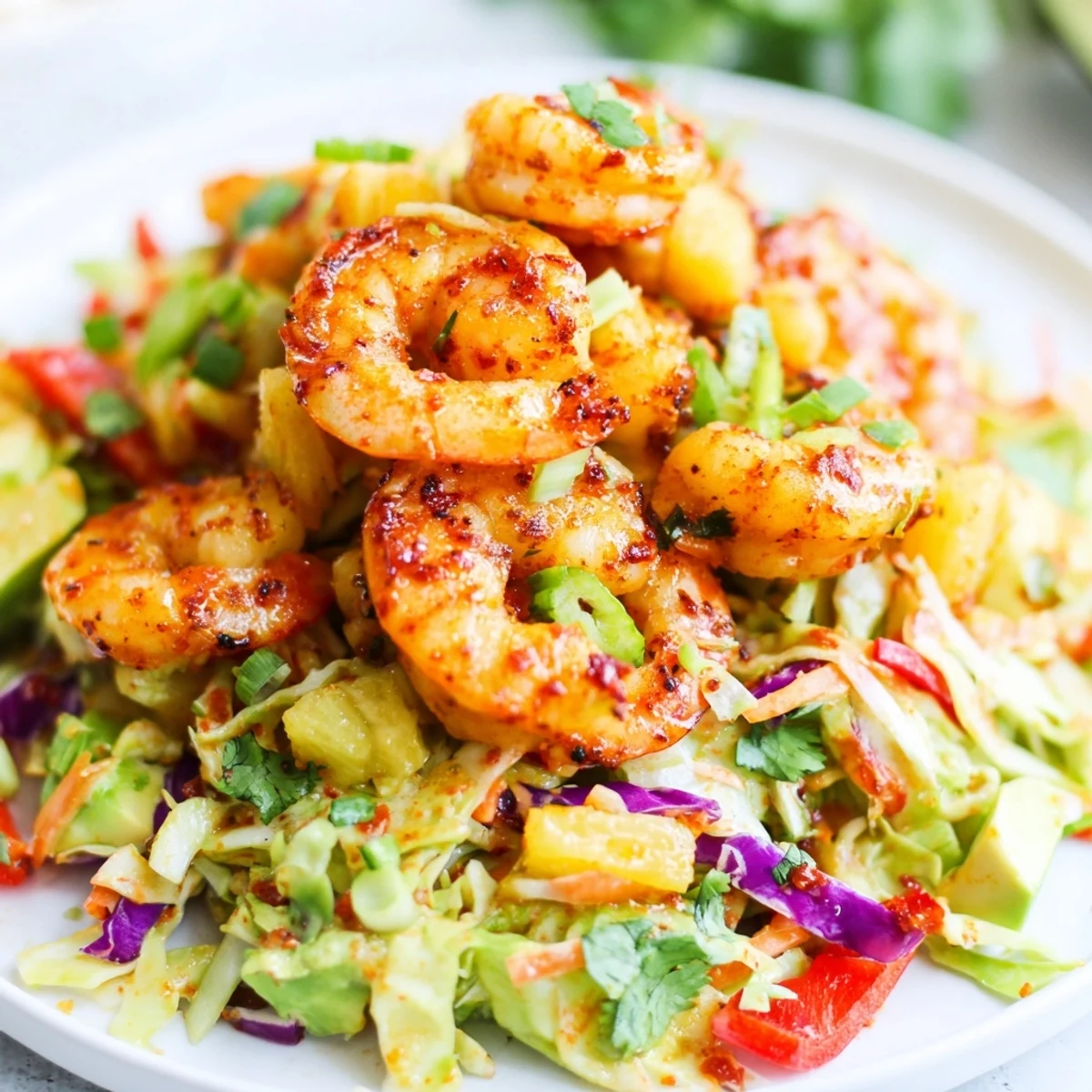 Golden spicy pineapple shrimp nestled on vibrant lime avocado crunch slaw