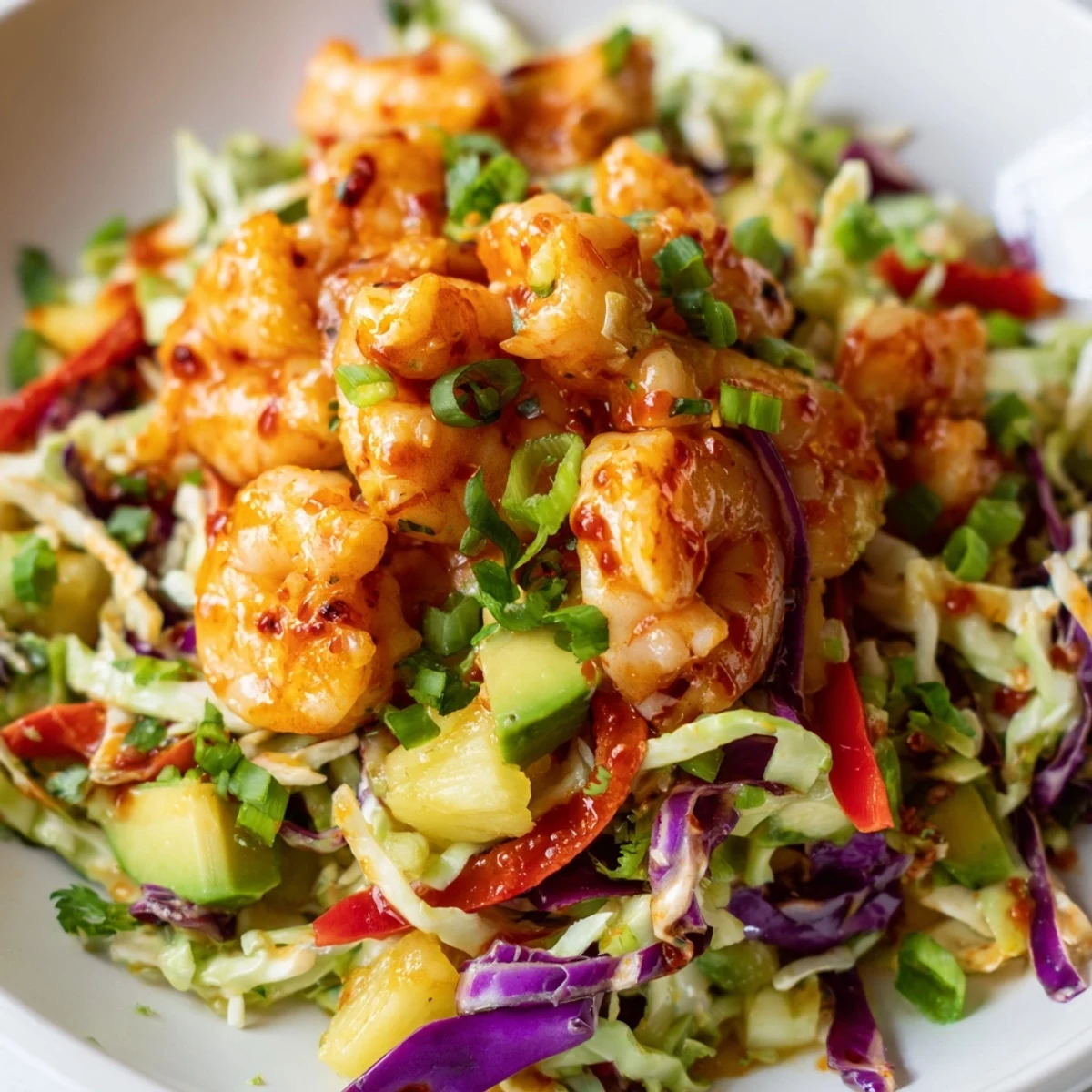 Spicy pineapple shrimp drizzled with zesty lime over rainbow-colored crunchy cabbage slaw