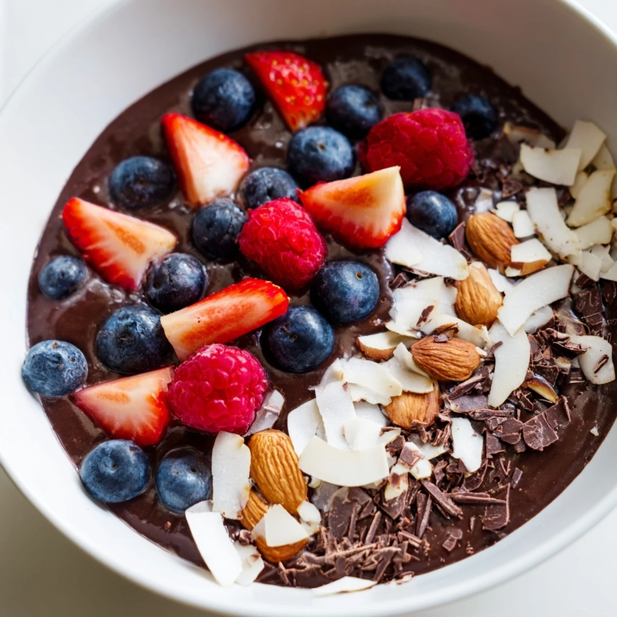 Creamy chocolate almond coconut berry protein chia cream topped with fresh berries and toasted almonds