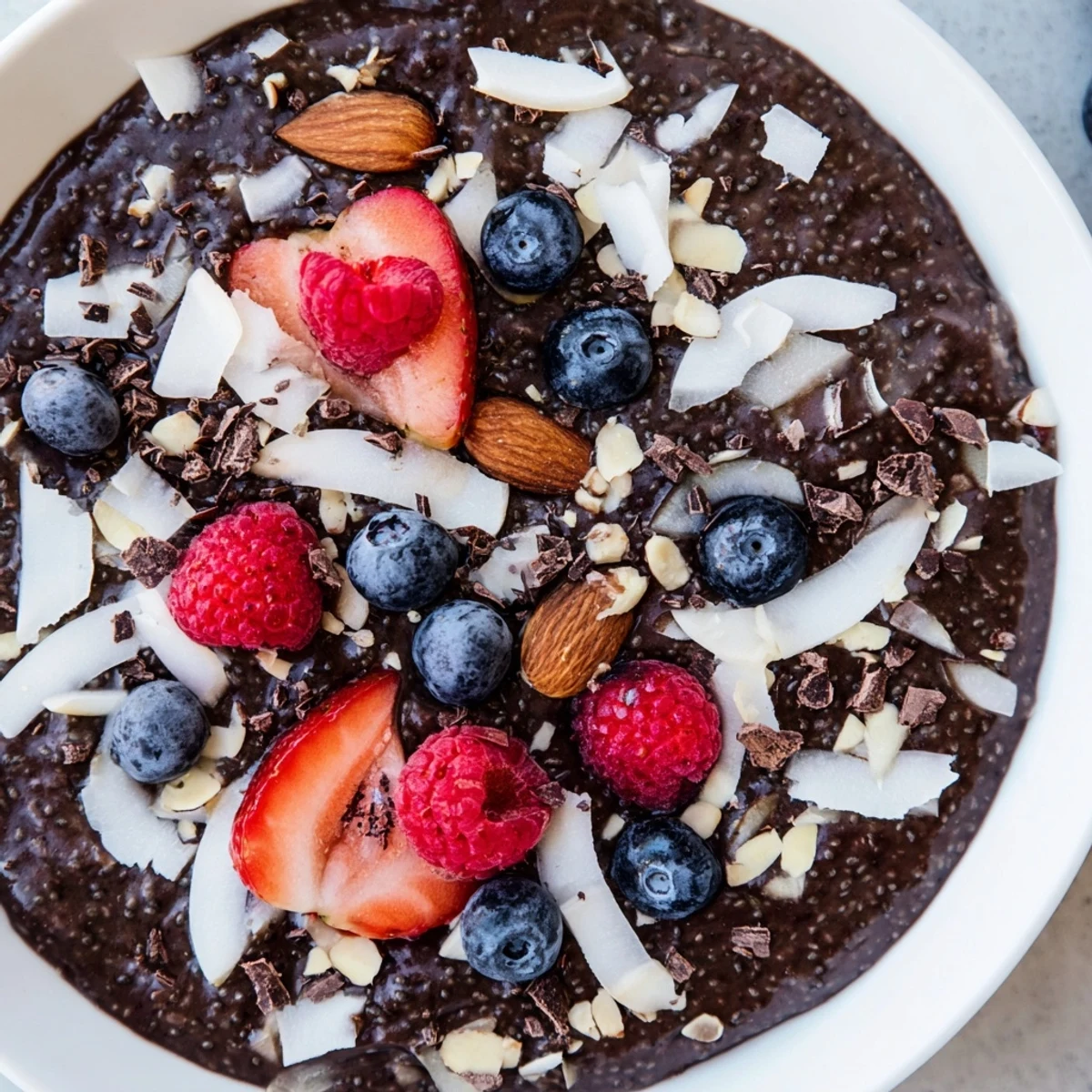 Rich chocolate almond coconut berry protein chia cream served in glass jars with coconut flakes