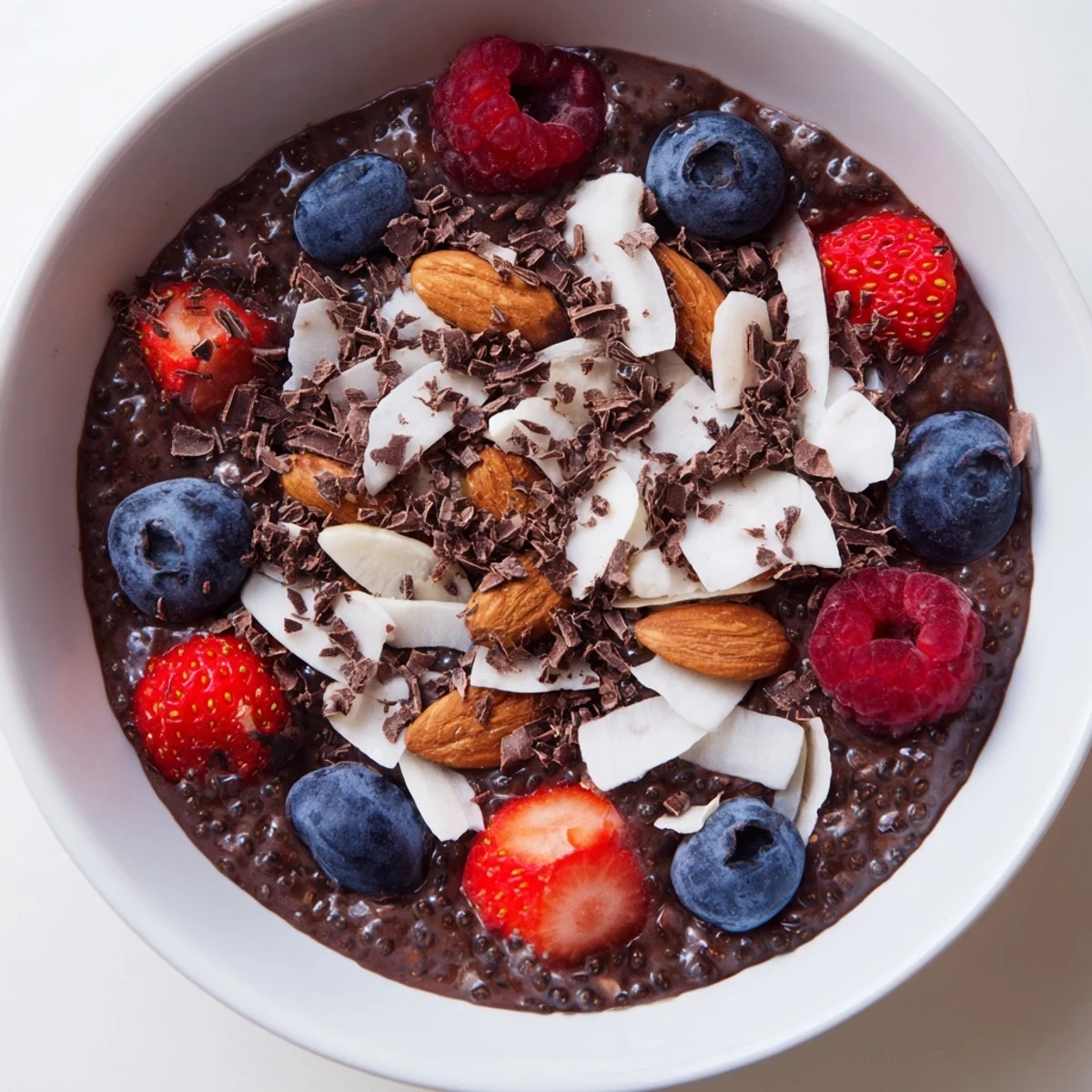Velvety chocolate almond coconut berry protein chia cream layered with colorful mixed berries and chocolate shavings